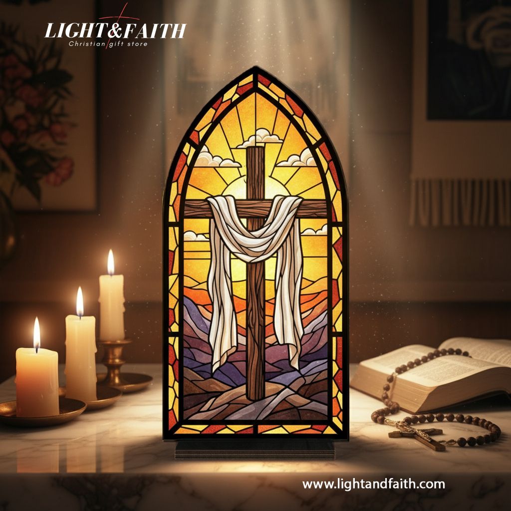 Christian Cross Resurrection Book Nook Decor, Stained Glass Window Style LED Light, Empty Cross Religious Home Decor, Easter Faith Gift for Believers BNLAF17